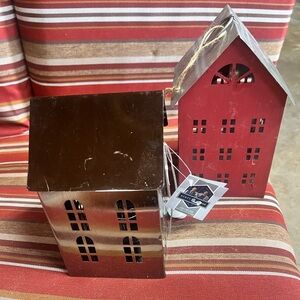 Festive Red and silver Holiday Decor Houses. Silver one lights up